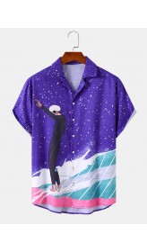 Mens Surf Riding Boy Pattern Revere Collar Buttons Shirts