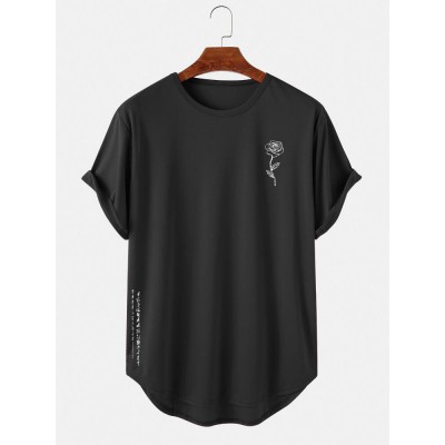 Mens Rose Japanese Print Curved Hem Short Sleeve T  Shirts