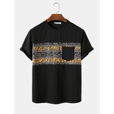 Mens Tribal Geometric Print Patchwork Pocket Short Sleeve T  Shirts