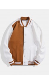 Men Color Block Button up Pockets Striped Hem Baseball Jackets