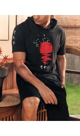 Mens Red Sun Japanese Print Short Sleeve Drawstring Hooded T  Shirts