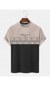 Mens Letter Geometric Pattern Patchwork Texture Short Sleeve T  Shirts