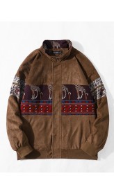 Men Ethnic Animal Paisley Print Patchwork Zipper Faux Suede Jackets