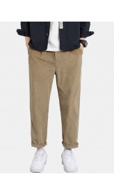 Men Straight Casual Ribbed Zipper Fly Button Ankle Length Pants