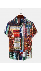 Mens Tribal Pattern Spliced Hem Cuff Comfy Shirts