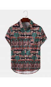 Mens Tribal Floral Print Pocket Hem Cuff Short Sleeve Shirts