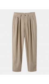 Men Solid Pleats Suit Pants Button Side Pockets Casual Trousers