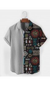 Mens Tribal Print Striped Patchwork Short Sleeve All Matched Shirts