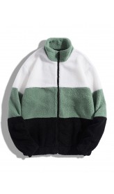 Men Fleece Patchwork Colorblock Stand Collar Zip Jackets