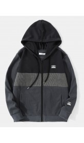 Men Splicing Texture Label Zip Pockets Hooded Drawstring Jackets